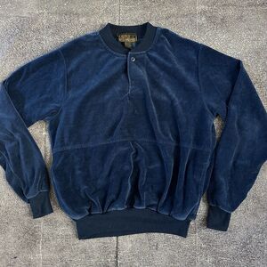 Men's Vintage 90s Gold Standard Navy Blue Velour Pullover Henley Sweatshirt Sz L